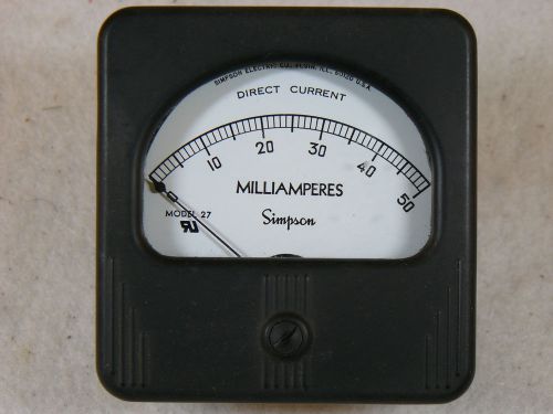 Vintage NOS Simpson 27 DC Milliamperes Milli Amps Panel Meter 0-50 Ma