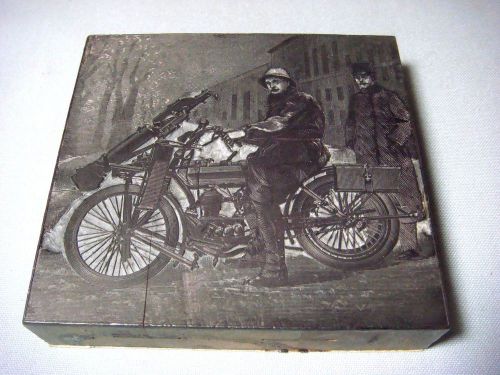 RARE! ANTIQUE WOODEN PRINTING BLOCK MAN WW1 MOTORCYCLE WITH MACHINE GUN &amp; 2 MEN