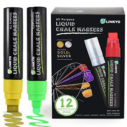 Linkyo jumbo-tip 15mm chalk markers 12-colors (including neon, gold &amp; silver) for sale