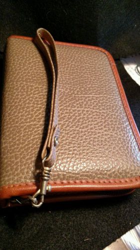 Business card holder 5 X 7.25 zipper closure vinyl brown camel trim wrist strap