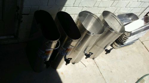 LOT OF 4 STAINLESS ICE TEA DISPENSER AND 18 TRAYS USED NO LIDS