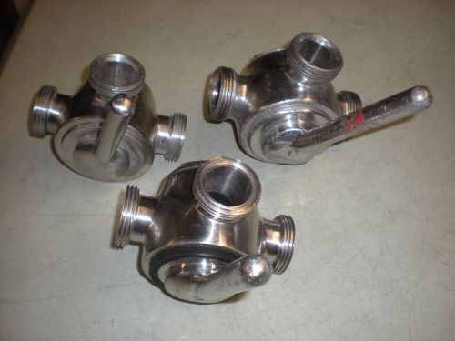 Lot of (3) No Name 1-3/8&#034; ID Stainless Steel 3-Port Sanitary Valves - Threaded