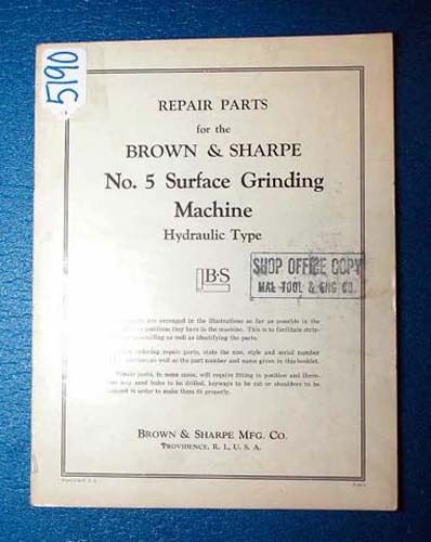 Brown&amp;Sharpe Repair Parts Manual No.5 Surface Grinder, Inv 5190