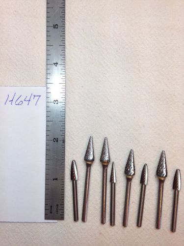 8 NEW 1/8&#034; SHANK CARBIDE BURRS. DOUBLE &amp; SINGLE CUT.  BIGS. MADE IN USA (H647)