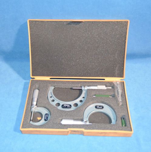 Mitutoyo 103-922 3 Piece Outside Micrometer Set 0-3&#034; Ratchet Stop w/ Case