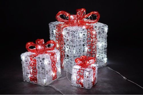 Decorative Gift Box Set (3-Count) Christmas Decorations 10&#034; 66 White LED Lights