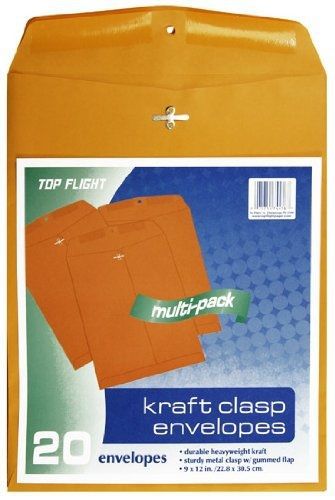 Top Flight Clasp Envelopes, Gummed and Clasped Closure, 9 x 12 Inches, Brown