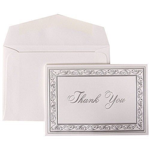 JAM Paper Thank You Card Sets - Bright White Cards with Silver Border - 104