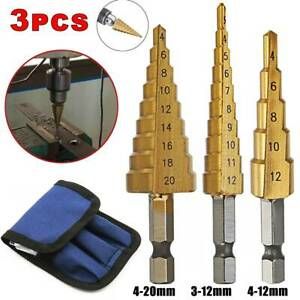 3 Pcs HSS Step Cone Drill Bit Titanium Hole Cutte High Speed Steel Sets + Pouch