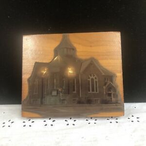 Vintage Church Building Wooden Print Stamp Block 4” x 5”
