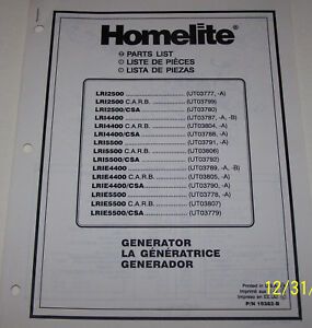 HOMELITE GENERATOR PARTS LIST LRI2500, LRI4400, LRI5500, LRIE4400, LRIE5500