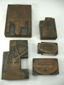 Lot of 5 Vintage Copper and Wood Printers Blocks, Industrial, Great Western Co.
