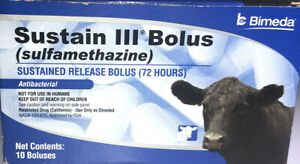 Bimeda Sustain III Calf Sulfa Bolus(sulfamethazine) Antibacterial-10 Boluses-NEW