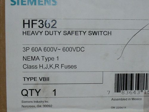 #1239 HF362 Siemens 60 AMP 600 Volt Heavy Duty NIB 3 Pole