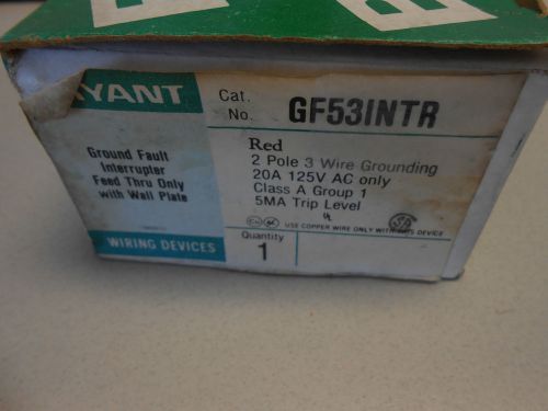 BRYANT GF53INTR 2P3W GRD 20 AMP 125V AC ONLY CLASS A GROUP 1 GFI F/T RED REC.