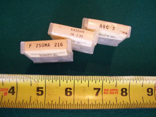 THREE PACKS OF LITTELFUSE FUSES - AGC-3, F250MA216, 5X20MM 3A235, BUSSMANN