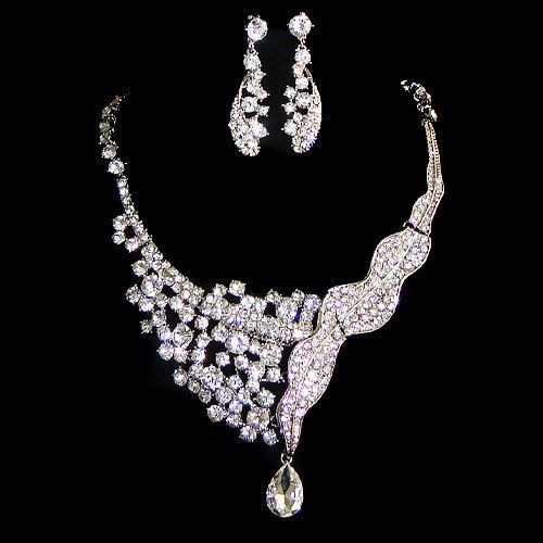 Bridal Leaf Drop Wave Cluster Circle Necklace Earring Set Rhinestone Crystal