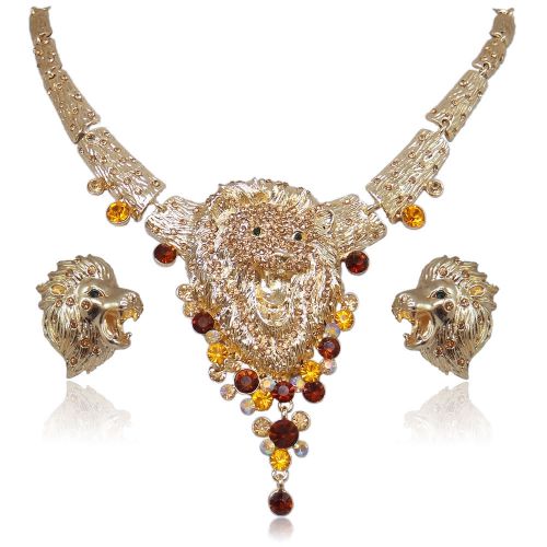 New Fashion Topaz Brown Rhinestone Crystal Lion Head Earrings Necklace Set