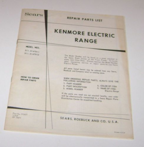Sears Kenmore Electric Range repair parts list model&#039;s 911.9147911 911.9147912