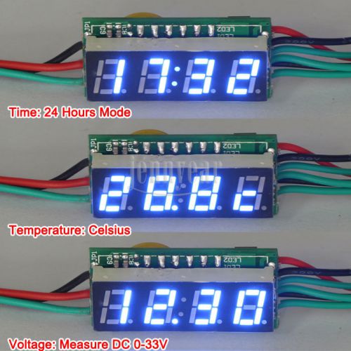 Mini Blue Digital Clock Voltmeter Thermometer 3in1 Meter 24-hour Time Temp Volt