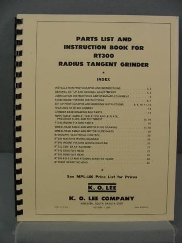 KO Lee RT300 Radius Tangent Grinder Instruction &amp; Parts Manual