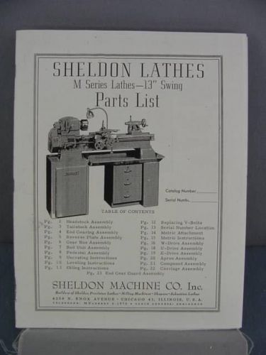 Sheldon &#034;M&#034; Series 13&#034; Swing Lathe Parts Manual