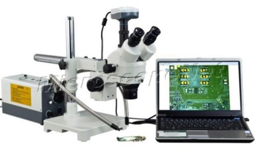 Stereo Zoom Boom Trinocular Microscope 2X-90X+9.0MP USB Camera+Dual Fiber Light