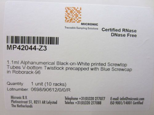 Mp42044-z3 1.1ml alphanumeric screwtop tubes v-bottom blue cap in roborack-96 for sale