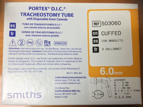 Smiths portex dic tracheostony tube 503060 cuffed 6.0mm disp cannula exp 8/15 for sale