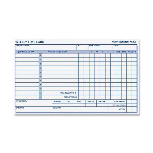 Rediform Employee Time Card, Weekly, 4.25 x 7 Inches, 100 per Pad (4K409), New