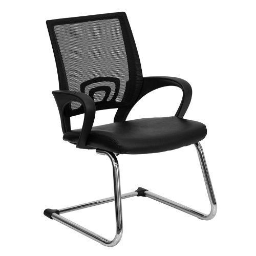 Black Leather Office Side Chair with Black Mesh Back/Sled