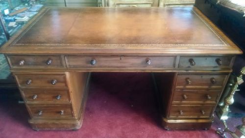 Antique victorian two pedestal walnut executive desk, leather inlay, ca. 1875 for sale