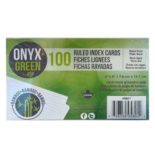 Onyx&amp;green 100 ruled 3&#034;x5&#034;/7.6cmx12.7cm  index cards w/eco-friendly bamboo paper for sale