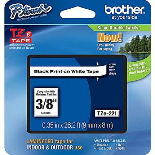 Brother® tze-221 p-touch® label tape, 3/8&#034; black on white for sale