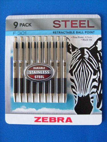 Zebra F-301 Retractable Ball Point Pen Black Ink Fine 0.7mm Stainless Steel 9 PK
