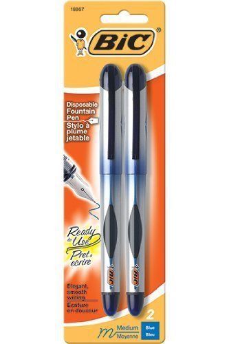 BIC Disposable Fountain Pen, 2 Pack, Medium Point, Blue Ink (FPDP21 BLU)