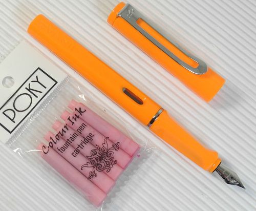 JINHAO 599B Fountain pen ORANGE plastic barrel + 5 POKY cartridges PINK ink