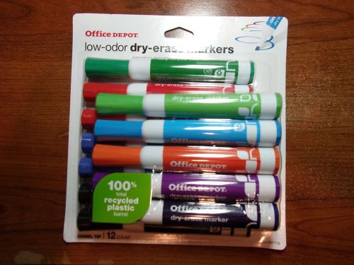 Office Depot Low Odor Chisel Tip Dry Erase Markers, 12 Colored Markers NEW