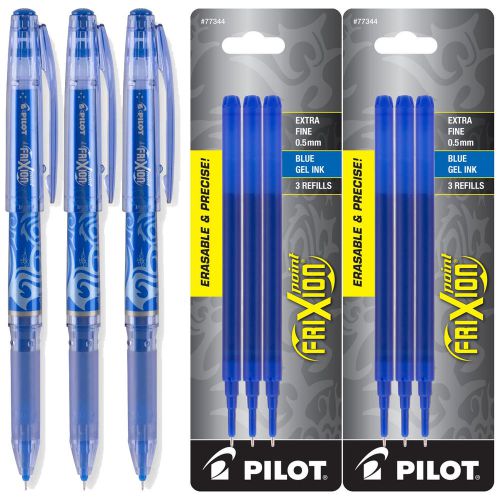 Pilot FriXion Point Gel Ink Pens, Erasable, Extra Fine Blue, 3 Pens with Refills