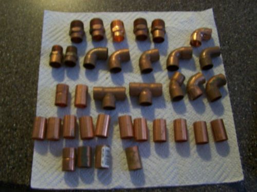 Variety 35 copper fittings 1/2&#034; elbows couplings tees and adaptors