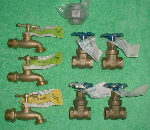 Lot of 4 gate valve 1/2&#034; female ip w/blue tops &amp; 3 hose bibbs 1/2&#034;- 3/4&#034; for sale