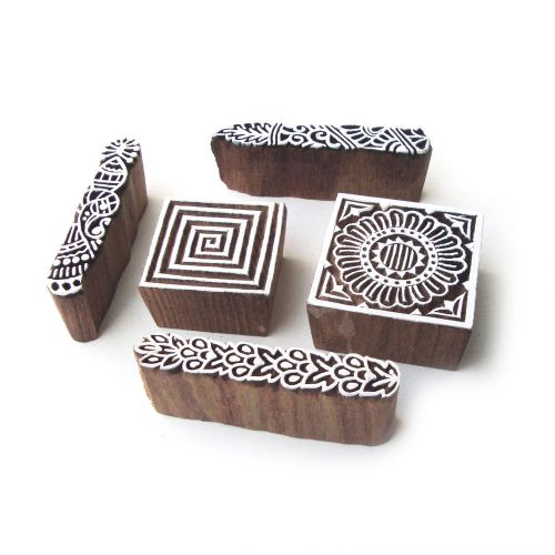 Hand Crafted Floral and Spiral Pattern Wooden Printing Tags (Set of 5)