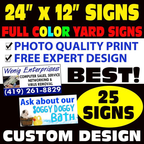 (25) CUSTOM 2-SIDED COLOR BANDIT YARD SIGNS 24x12 + STANDS &amp; FREE EXPERT DESIGN