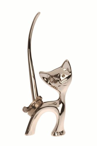 Silver Plated Standing Cat with Diamanti Eyes &amp; Long Tail  Ring Holder