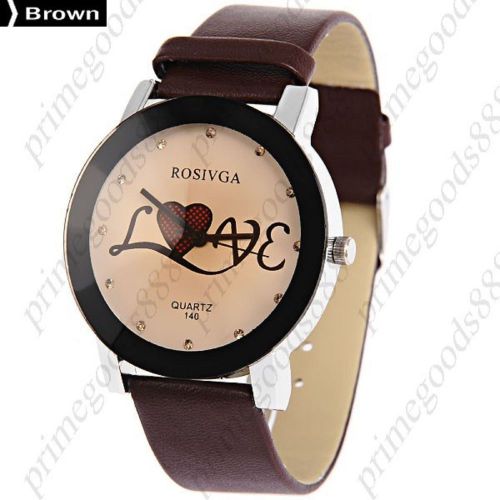 Love Rhinestones PU Leather Lady Ladies Analog Quartz Wristwatch Women&#039;s Brown