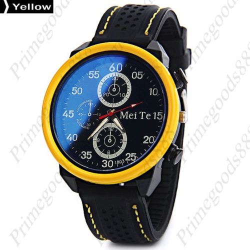 Rubber Band Black Face Sub Dials Quartz Men&#039;s Wristwatch Free Shipping Yellow