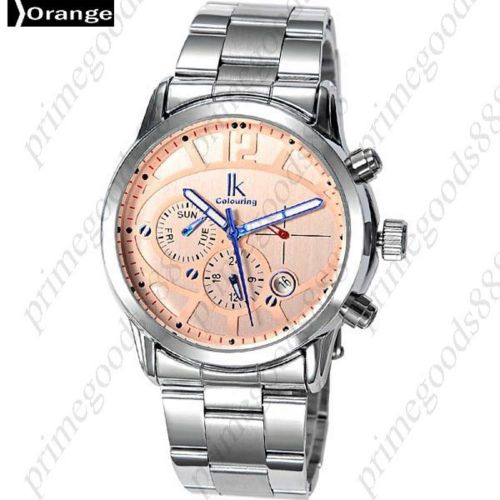 Silver Auto Automatic Sub Dials Mechanical Wrist Men&#039;s Wristwatch Orange Face