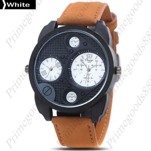 2 Time Zone Leather Strap Wrist Wristwatch Quartz Analog Men&#039;s Black Face White