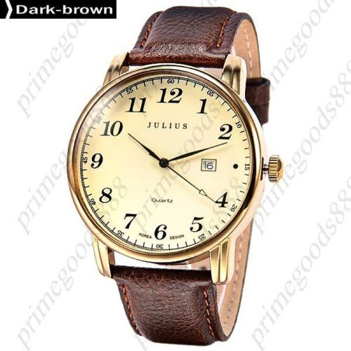 Genuine Leather Men&#039;s Date Wristwatch Free Shipping Gold Golden Dark Brown