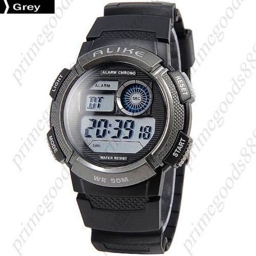 LCD LED Round Waterproof Digital Alarm Stopwatch Date Men&#039;s Wristwatch Grey
